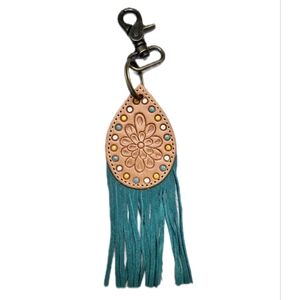 Myra Bag Tan and Teal Leather Fringe Keychain